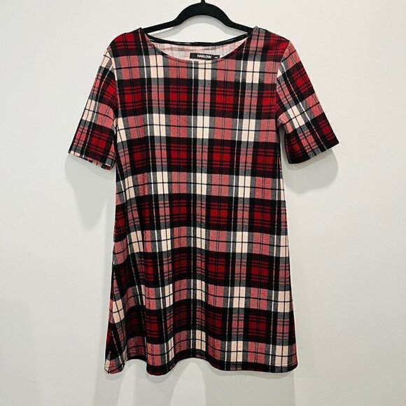 Harlow Boathouse Red Black White Plaid Short Sleeve A Line Mini Dress - Picture 2 of 6